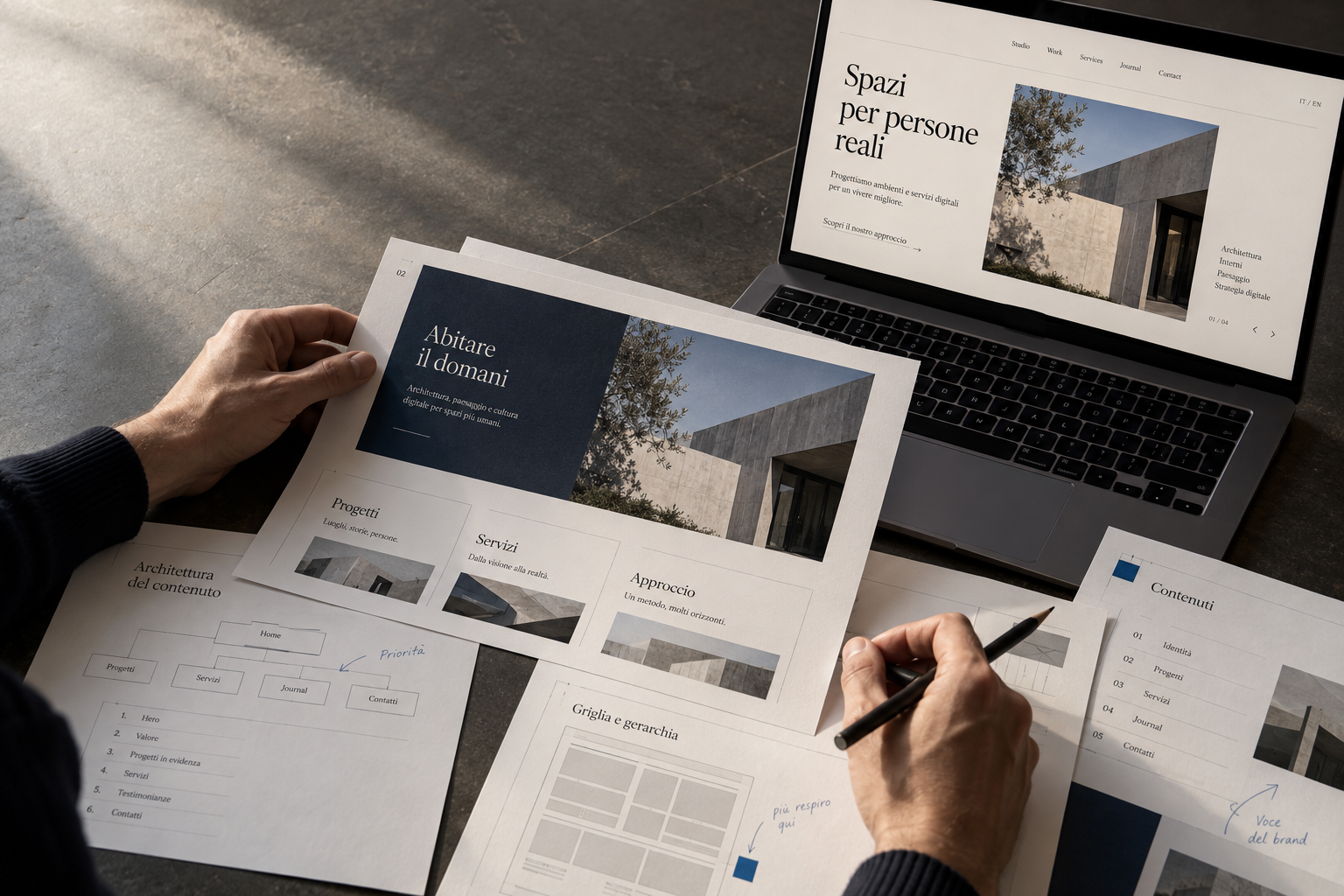 Scena editoriale illustrativa: progettazione di pagine web tra layout stampati e interfaccia su schermo